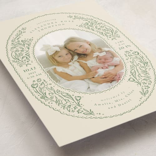 This is a sage birth announcement postcards with standard by Anastasia Makarova called bunnies and flowers printing on signature in postcard