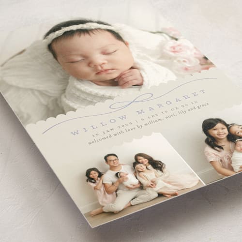 This is a periwinkle birth announcement postcards with standard by Laura Hankins called scallops printing on signature in postcard