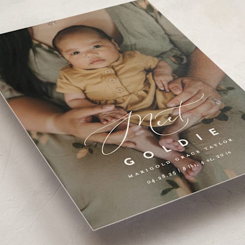 This is a linen birth announcement postcards with standard by Erica Krystek called modern meet printing on signature in postcard