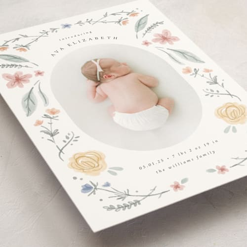 This is a meadow birth announcement postcards with standard by Emily Sabol Goss called le jardin printing on signature in postcard