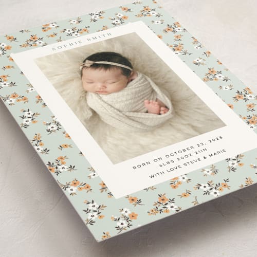 This is a mojito birth announcement postcards with standard by Sherley Ferreira called spring gardens printing on signature in postcard