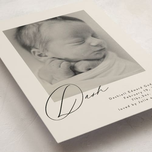 This is a vanilla birth announcement postcards with standard by Olivia Raufman called dashing printing on signature in postcard