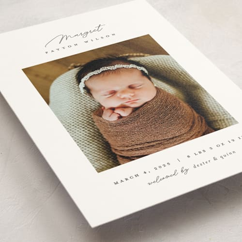 This is a pearl birth announcement postcards with standard by Pixel and Hank called simply lovely printing on signature in postcard