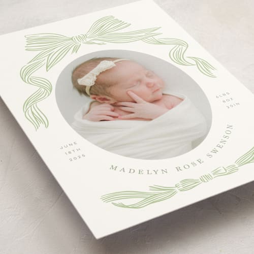 This is a mint birth announcement postcards with standard by Stephanie Hawkes called ribbon bow frame printing on signature in postcard