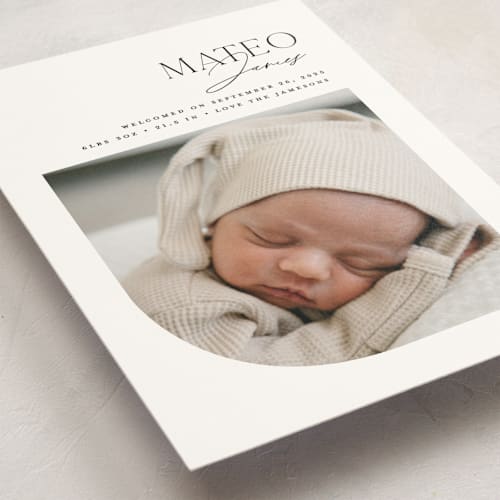 This is a snow birth announcement postcards with standard by Erin Deegan called modern arc printing on signature in postcard