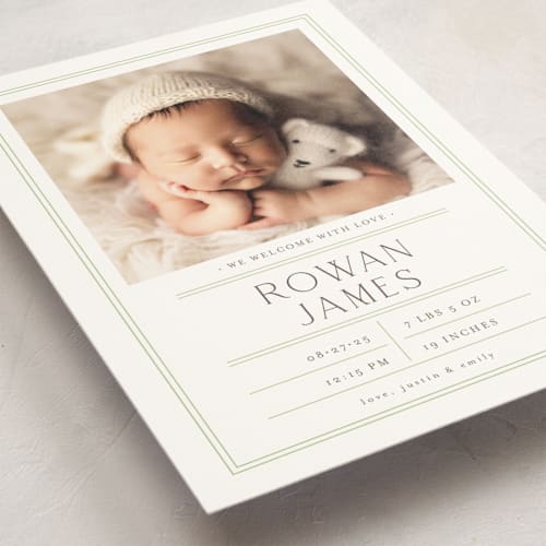 This is a lime birth announcement postcards with standard by Shirley Lin Schneider called birth stats label printing on signature in postcard