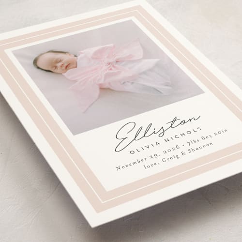 This is a blush birth announcement postcards with standard by Jessica Williams called serene printing on signature in postcard
