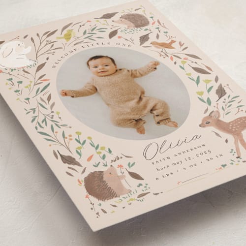 This is a buttercream birth announcement postcards with standard by Vera Lim called little friends printing on signature in postcard