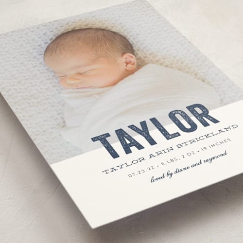 This is a marine birth announcement postcards with standard by Sara Hicks Malone called statement printing on signature in postcard