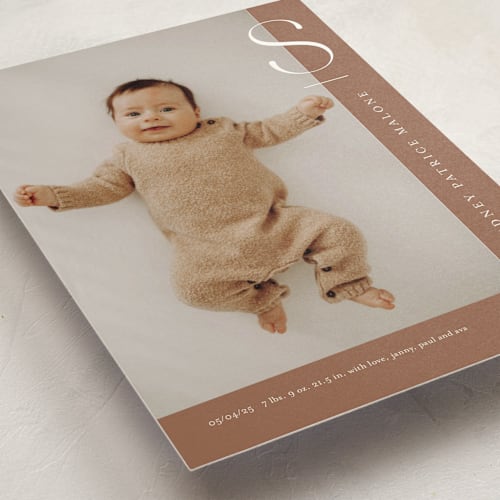 This is a rust birth announcement postcards with standard by Stacey Meacham called fresh air printing on signature in postcard