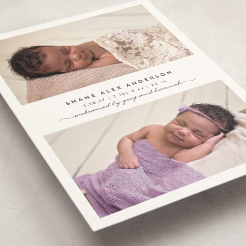 This is a slate birth announcement postcards with standard by Brianne Larsen called simple & sweet printing on signature in postcard