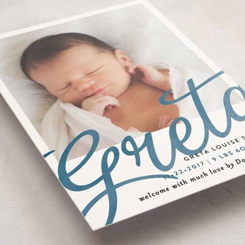 This is a ocean birth announcement postcards with standard by Alethea and Ruth called sweeping name printing on signature in postcard