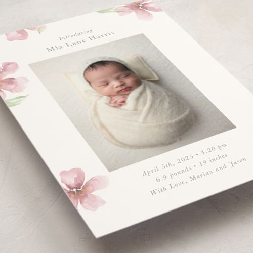 This is a petals birth announcement postcards with standard by Melinda Denison called flower petals printing on signature in postcard