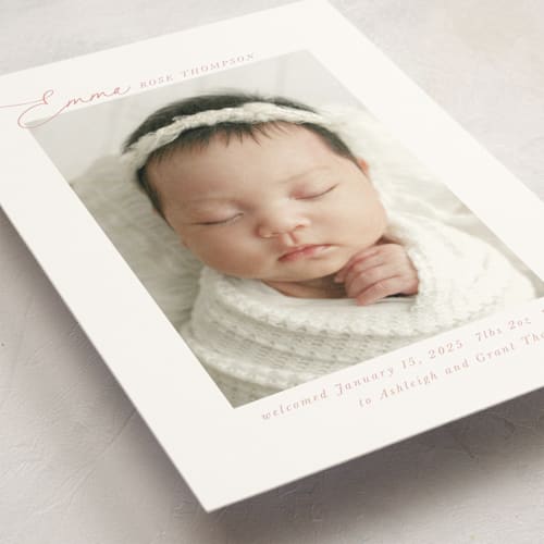 This is a rose birth announcement postcards with standard by Jenna Holcomb called sweetest printing on signature in postcard