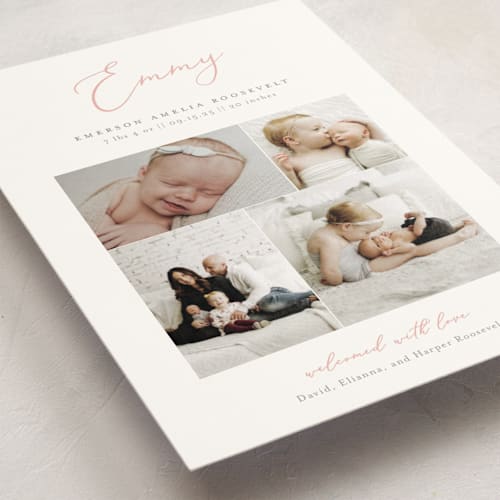 This is a blush birth announcement postcards with standard by Sarah Brown called namely printing on signature in postcard