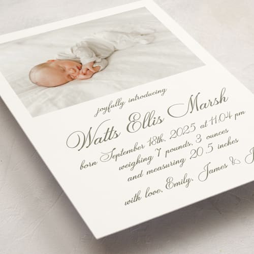 This is a fern birth announcement postcards with standard by Megan Davis called walden printing on signature in postcard