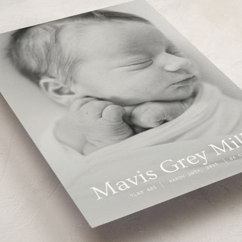 This is a snow birth announcement postcards with standard by Bramble Studio called simple in serif printing on signature in postcard
