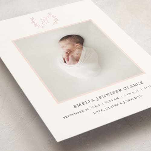 This is a peony birth announcement postcards with standard by Vanessa Doyle called monogram laurel printing on signature in postcard