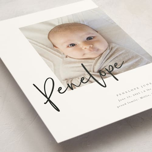 This is a blackboard birth announcement postcards with standard by Amy Payne called clean lines printing on signature in postcard