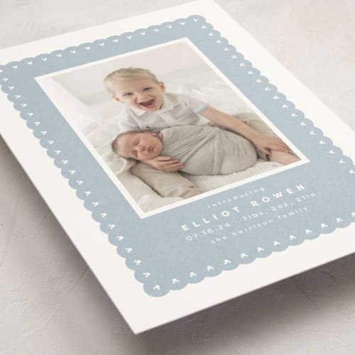 This is a chambray birth announcement postcards with standard by Lea Delaveris called mickey fabric frame printing on signature in postcard