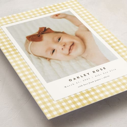 This is a marigold birth announcement postcards with standard by Jessie Steury called gingham printing on signature in postcard