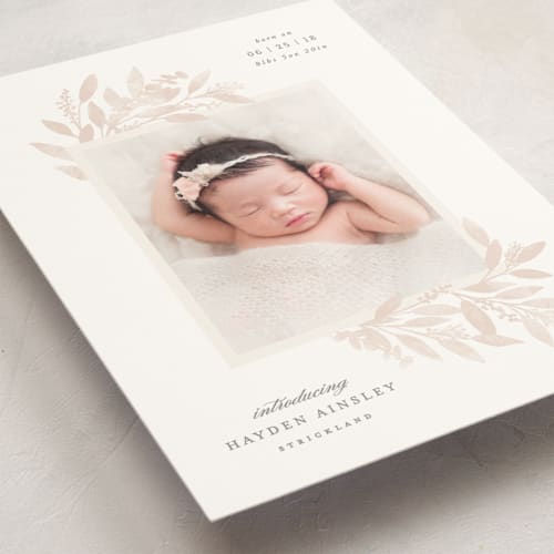 This is a blush birth announcement postcards with standard by Hooray Creative called botanical corners printing on signature in postcard