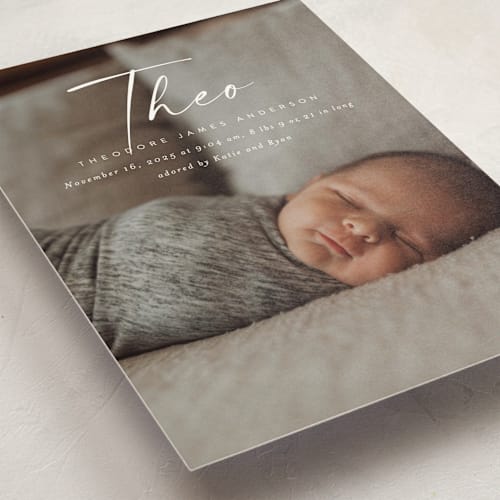 This is a linen birth announcement postcards with standard by Kasia Labocki called complete printing on signature in postcard