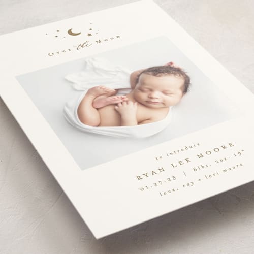 This is a fawn birth announcement postcards with standard by AK Graphics called over the moon printing on signature in postcard