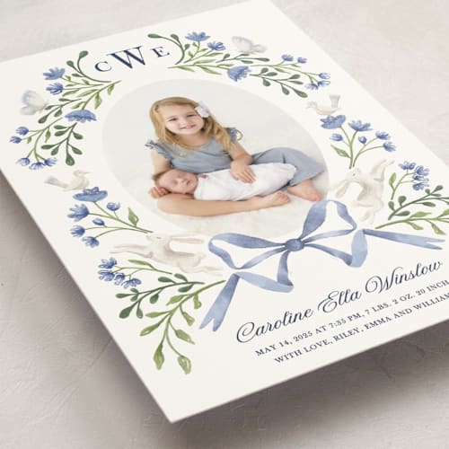 This is a bluebell birth announcement postcards with standard by Alice Nelen called floral forest friends printing on signature in postcard