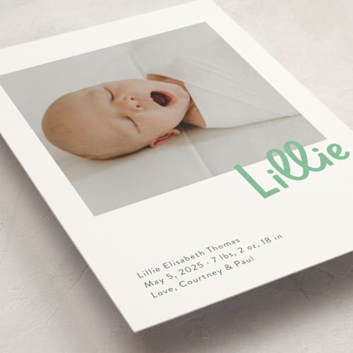 This is a clover birth announcement postcards with standard by Megan Davis called jolly good printing on signature in postcard