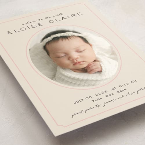 This is a petal birth announcement postcards with standard by Melissa Egan of Pistols called prim printing on signature in postcard