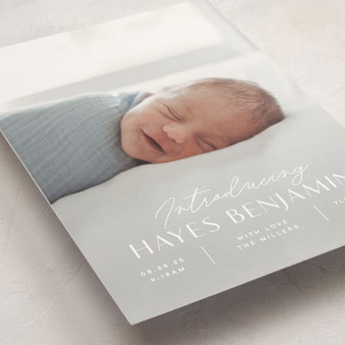 This is a snow birth announcement postcards with standard by Michelle Taylor called typographic mix printing on signature in postcard