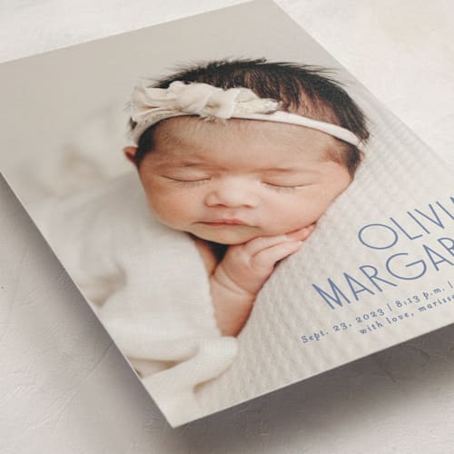 This is a denim birth announcement postcards with standard by Lisa Assenmacher called sweetly modern printing on signature in postcard