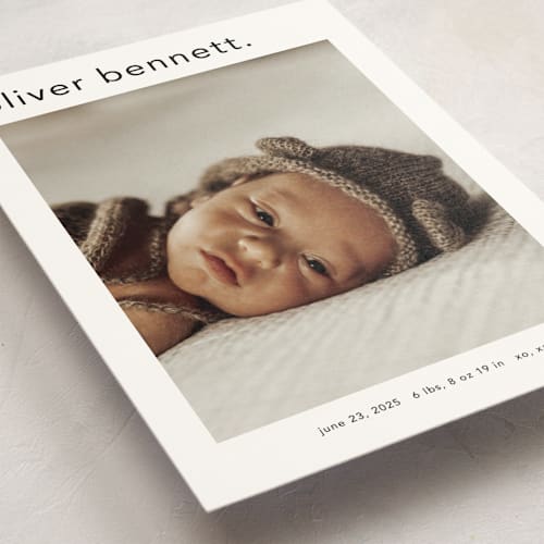 This is a cotton birth announcement postcards with standard by Stacey Meacham called simple name printing on signature in postcard