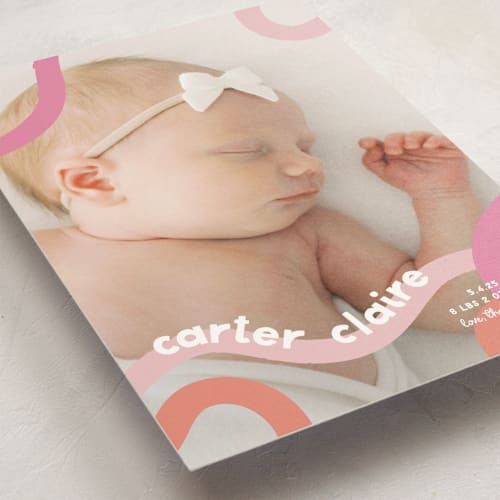 This is a peach sherbet birth announcement postcards with standard by Lauren Chism called wiggle worm printing on signature in postcard