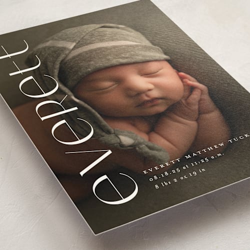 This is a linen birth announcement postcards with standard by Erica Krystek called modern name printing on signature in postcard
