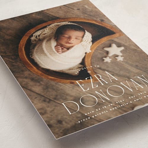 This is a caramel birth announcement postcards with standard by Corinne Malesic called little heart printing on signature in postcard