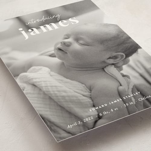 This is a cloud birth announcement postcards with standard by Sara Hicks Malone called introduction printing on signature in postcard