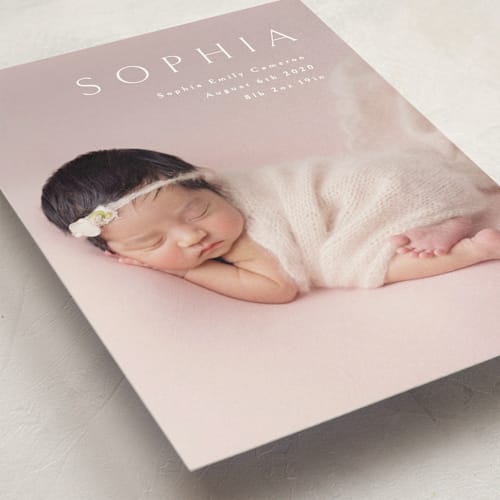 This is a white birth announcement postcards with standard by Phrosné Barwood called angel printing on signature in postcard