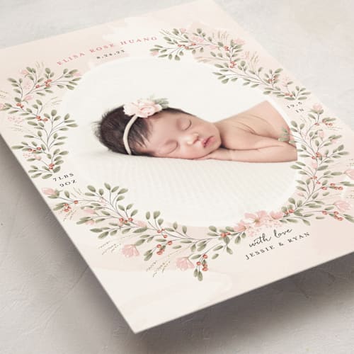 This is a blush birth announcement postcards with standard by Susan Moyal called sweet floral vine printing on signature in postcard