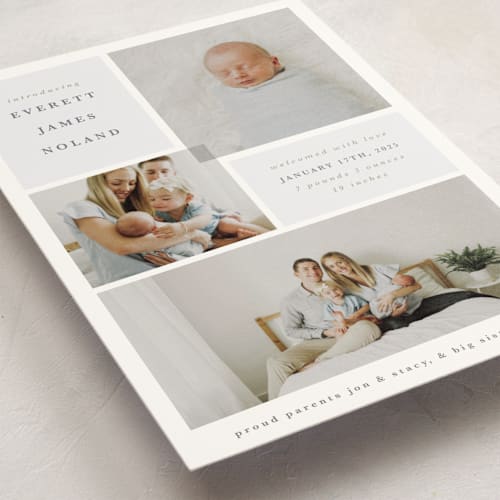 This is a dusty blue birth announcement postcards with standard by Julie Murray called love multiplies printing on signature in postcard