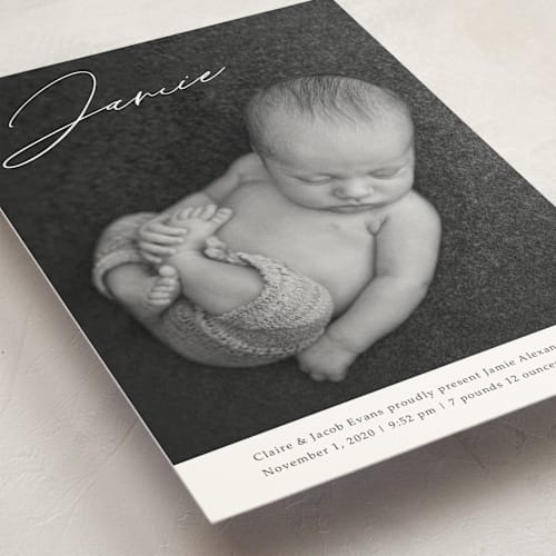 This is a charcoal birth announcement postcards with standard by Rebecca Rueth called jamie printing on signature in postcard