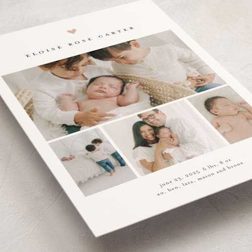 This is a rose birth announcement postcards with standard by Stacey Meacham called our whole heart printing on signature in postcard