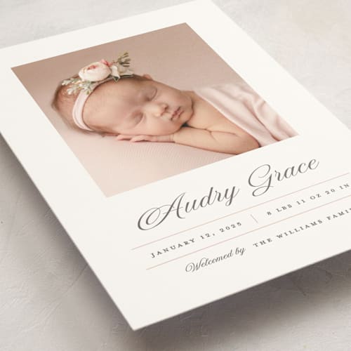 This is a peony birth announcement postcards with standard by Pixel and Hank called elegance printing on signature in postcard