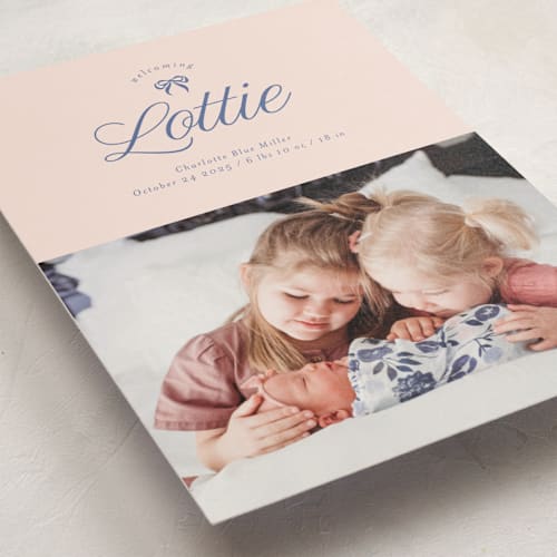 This is a petal birth announcement postcards with standard by Leia Matt called preppy little bow printing on signature in postcard