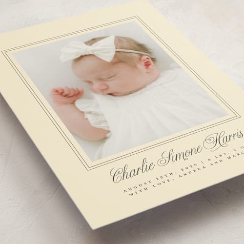 This is a creme birth announcement postcards with standard by mo kelley called classical border printing on signature in postcard