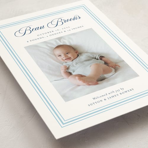 This is a baby blue birth announcement postcards with standard by Alston Foster called little darling printing on signature in postcard