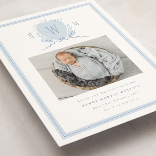 This is a sky birth announcement postcards with standard by Corinne Malesic called crest printing on signature in postcard