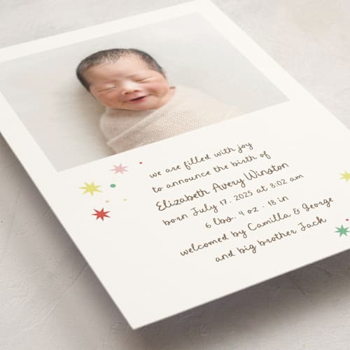 This is a strawberry birth announcement postcards with standard by Megan Davis called constellation printing on signature in postcard