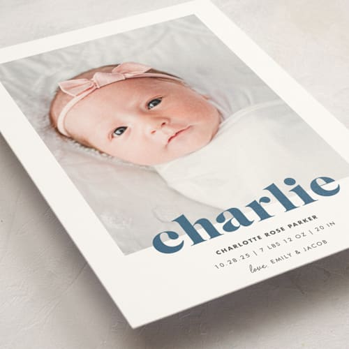 This is a bluebird birth announcement postcards with standard by Shirley Lin Schneider called bold nickname printing on signature in postcard